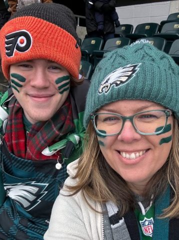 Jackie McDougall and son Corin at Philadelphia Eagles game